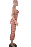 multicolor OL Off The Shoulder Sleeveless Halter Neck Step Skirt Ankle-Length Striped Club Dresses