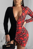 Red Sexy Print Patchwork Frenulum Fold V Neck Pencil Skirt Dresses