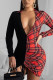 Red Sexy Print Patchwork Frenulum Fold V Neck Pencil Skirt Dresses
