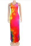 rose red Sexy Tank Sleeveless O neck Slim Dress Ankle-Length Print Tie and dye Dresses