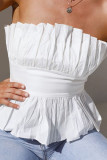 White Sweet Solid Backless Fold Strapless Mid Waist Tops