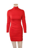 Red Sexy Solid Split Joint Turtleneck Wrapped Skirt Dresses