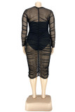 Black Solid Fold O Neck Long Sleeve Dress Plus Size