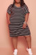 Black Fashion Casual Plus Size Striped Print Basic V Neck Short Sleeve Dress