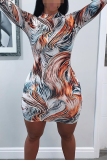 Multicolor Sexy Print Patchwork Turtleneck Wrapped Skirt Dresses