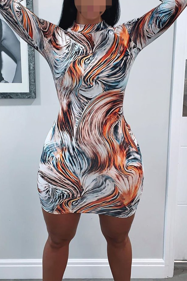 Multicolor Sexy Print Patchwork Turtleneck Wrapped Skirt Dresses