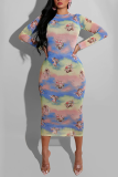 Light Blue Sexy Print Patchwork O Neck Pencil Skirt Dresses