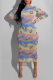 Light Blue Sexy Print Patchwork O Neck Pencil Skirt Dresses