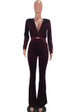 Purplish Red Sexy Solid Split Joint Knotted V Neck Regular Jumpsuits