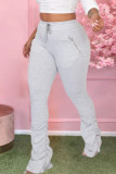 Grey Casual Solid Fold Boot Cut Mid Waist Bottoms