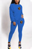 Blue Street Print O Neck Long Sleeve Two Pieces