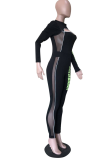 Black Casual Print Letter O Neck Skinny Jumpsuits
