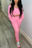 Pink Daily Solid Long Sleeve Two Pieces