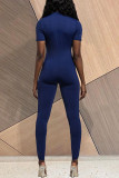 Blue Fashion Casual Solid Basic Zipper Collar Skinny Jumpsuits