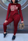 Red Fashion Casual Letter Print Basic O Neck Long Sleeve Two Pieces