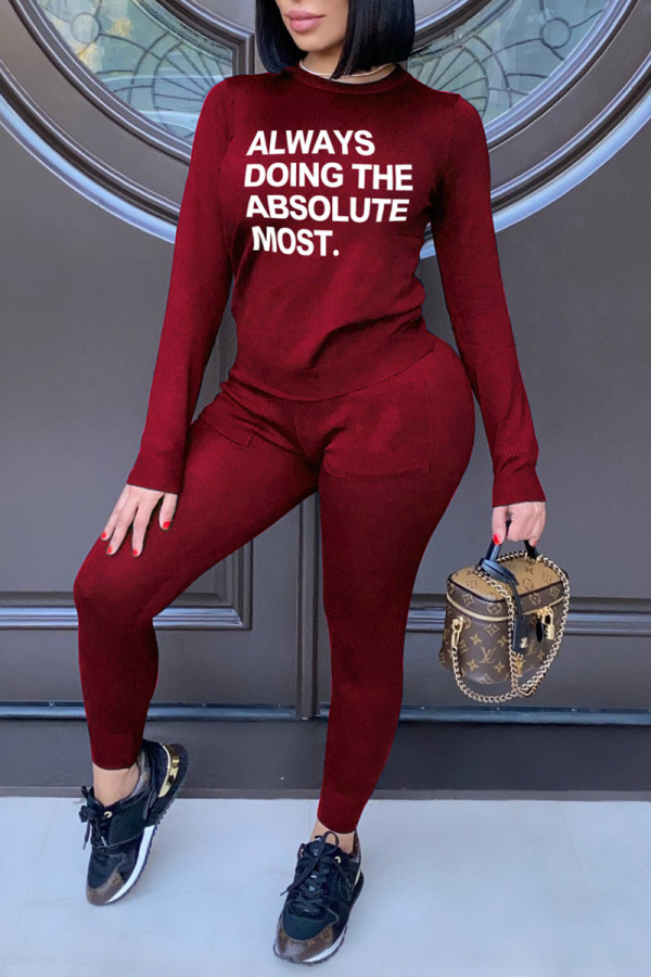 Red Fashion Casual Letter Print Basic O Neck Long Sleeve Two Pieces