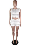 White Polyester Sexy Fashion Patchwork ruffle Solid Straight Sleeveless Two-Piece Short Set