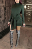 Army Green Casual Solid Bandage Half A Turtleneck Lantern Skirt Dresses
