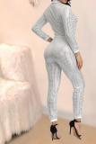 White Sexy Fashion zipper Sequin Chlorine Long Sleeve O Neck Jumpsuits
