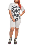 Grey Cotton Sexy Letter Print Straight Short Sleeve Two Pieces