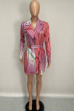 Stripe Fashion Casual Adult Twilled Satin Striped With Belt Turndown Collar Outerwear