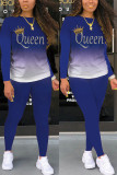 Blue Fashion Casual Gradual Change Letter Print Basic O Neck Long Sleeve Two Pieces