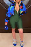 Blue Fashion Casual Solid Basic Zipper Collar Skinny Romper
