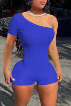 Dark Blue Sexy Casual Solid Backless Oblique Collar Skinny Romper