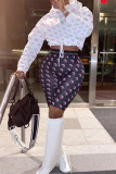 White Sweet Print O Neck Long Sleeve Two Pieces