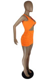 Orange Sexy Solid Hollowed Out Fold V Neck Vest Dress