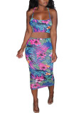 purple Fashion Lightly cooked Floral Print Two Piece Suits pencil Sleeveless Two Pieces