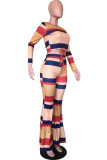Orange Elegant Print O Neck Long Sleeve Two Pieces