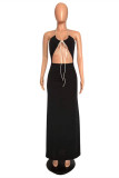 Red Fashion Sexy Solid Hollowed Out Backless Halter Sleeveless Dress