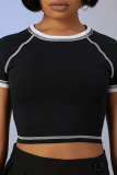 Black Casual Solid Patchwork O Neck Tops