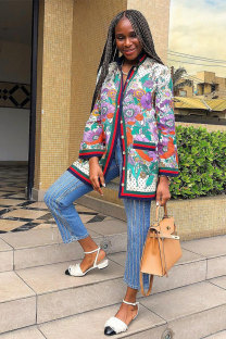 Multi-color Mandarin Collar Floral Polyester Long Sleeve Coats & Cardigan