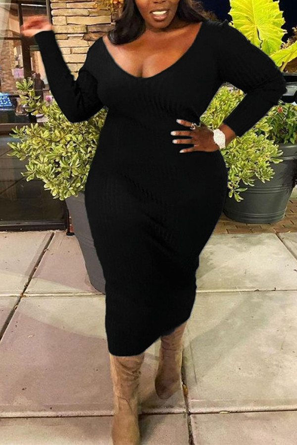 Black Sexy Solid V Neck Pencil Skirt Plus Size 