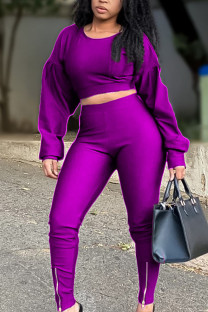 purple Street Polyester Solid Hollowed Out Split Joint O Neck Long Sleeve Hubble-Bubble Sleeve Short Two Pieces