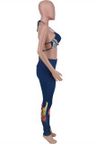 Deep Blue Fashion Sexy Print Backless Strap Design Sleeveless Two Pieces