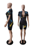Black Sexy Patchwork Tie-dye Mandarin Collar Skinny Rompers