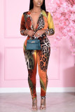 Leopard Print Fashion Casual Print Basic Turndown Collar Long Sleeve Two Pieces