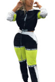 Black Polyester Fashion Active adult Ma'am Patchwork contrast color Two Piece Suits pencil Long Sleeve Two Pieces