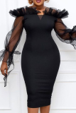 Black Sexy Solid Mesh Bateau Neck Pencil Skirt Dresses