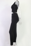 Black Sexy Solid Patchwork O Neck Sleeveless Two Pieces