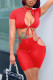 Red Fashion Sexy Solid Hollowed Out Strap Design Half A Turtleneck Short Sleeve Two Pieces