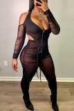 White Fashion Sexy Patchwork Solid See-through Asymmetrical Halter Long Sleeve Two Pieces