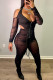 Black Fashion Sexy Patchwork Solid See-through Asymmetrical Halter Long Sleeve Two Pieces