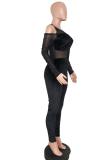Green Fashion Casual perspective Mesh Patchwork Polyester Long Sleeve O Neck Jumpsuits