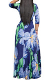 Blue Fashion Sexy Adult Polyester Print Split Joint V Neck Nine Points Sleeve Floor Length Printed Dress Dresses