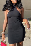 Black Sexy Solid Bandage Patchwork Frenulum Backless Halter Off The Shoulder Dresses Dresses