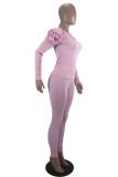 Pink Work Daily Solid Patchwork Flounce O Neck Long Sleeve Two Pieces